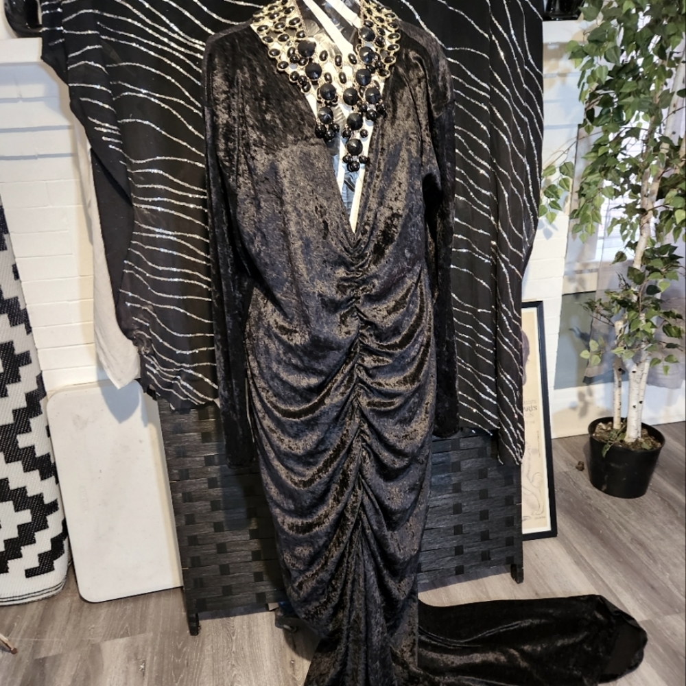 Black crushed Velvet evening gown with an exaggerated train!